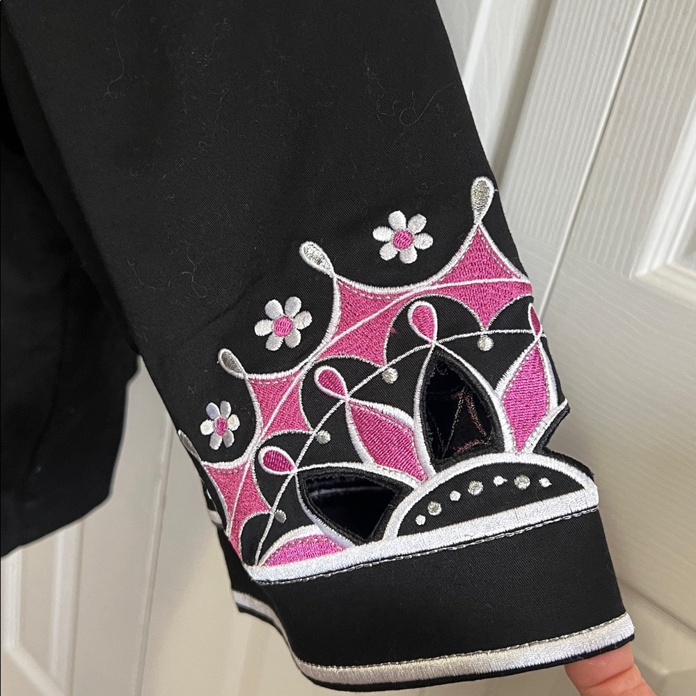 Bob Mackie Wearable Art Black, Pink Floral Embroidered Retro Zip Jacket Size 3X - Picture 6 of 16